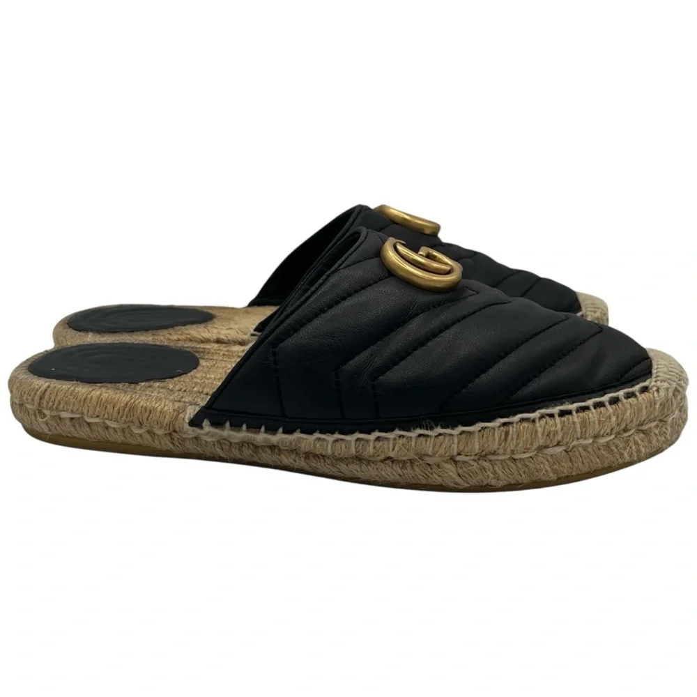 Gucci GG Marmont Black Matelassé Leather Espadrille Mules EU 37 US 7